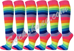 Neon Rainbow Striped Premium Quality Knee High Socks[6 Pairs] - Picture 1 of 8