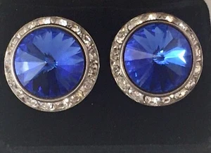 Vintage Mistar Bijoux Bright Blue Shiny Rivoli Crystal Statement Clip On Earrngs - Picture 1 of 14