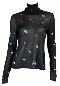 CHANEL 2018 18A Black Multi Floral Cashmere Sheer Knit Turtleneck Sweater 40 - Picture 1 of 8