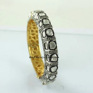 Natural Rosecut Diamond Pave Diamond Polki 925Sterling Silver Gold Plated Bangle - Picture 1 of 4