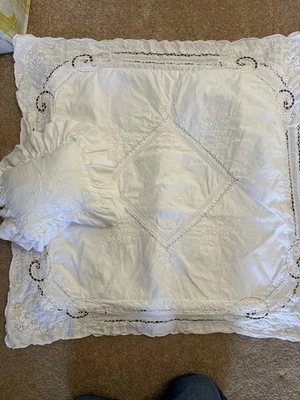VINTAGE "PAPER WHITE" HAND EMBROIDERED  Cotton Euro Pillow Sham & Throw Pillow - Image 1 of 4