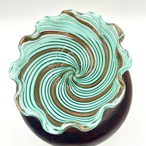 Murano Green Aventurine Gold Flecks Ribbons Italian Art Glass Bowl Vintage - Picture 1 of 13