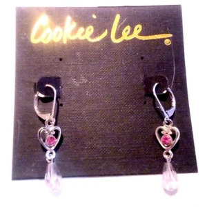 Cookie Lee NWT Silver Tone Pink Crystal Heart Dangle Pierced Earrings - Picture 1 of 3