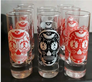 The Day of the Dead Sugar Skull Tall Shot Glass Black White Red Lot 8 - Picture 1 of 4