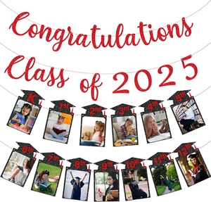 2025 Graduation Photo Banner Decorations, Red Congrats Grad Banner, Kindergarten - Picture 1 of 12