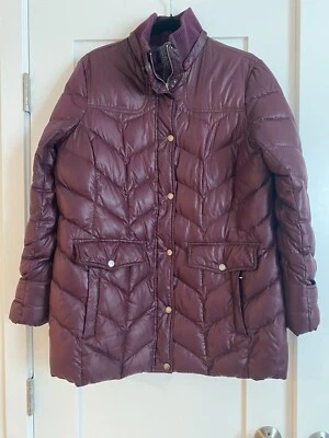 Lands End 女式羽绒大码夹克派克大衣 80% 长拉链栗色保暖 — 第 1/4 张图片