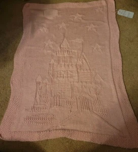 Handmade Knitted Castle Baby Blanket in Pink - Picture 1 of 1