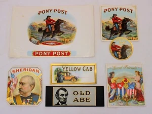 LOTE DE ETIQUETAS DE CIGARROS Old Abe PONY POST Lata Amarilla SHERIDAN Good Friends COLECCIÓN - Imagen 1 de 11