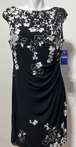New Chaps Women Petite XL Black Dress White Floral Cap Sleeve Side Rushing New N - Picture 1 of 8
