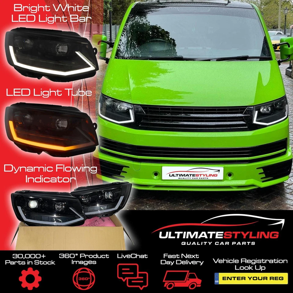 VW Transporter T6 LED DRL Headlights 2015-20 Dynamic Sequential Flashers Black - Image 1 of 4