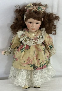 Victorian Porcelain Doll 17" Layered Lace Floral Dress Curly Hair Brown Eyes - Picture 1 of 19