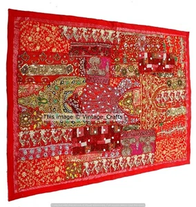 Indian Red Cotton Wall Tapestry 40x60 - Vintage Patchwork, Beaded Ethnic Hanging - Picture 1 of 3