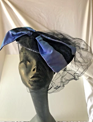 Original Vintage 1950s French Hand Made Purple Silk Black Lace "Plate" Hat - Image 1 of 4