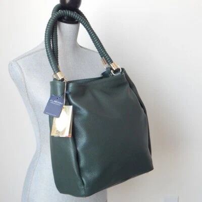 ARCADIA Grain Leather Double Handles Premium Hobo Shoulder Bag Pine ITALY NWT - Image 1 of 4