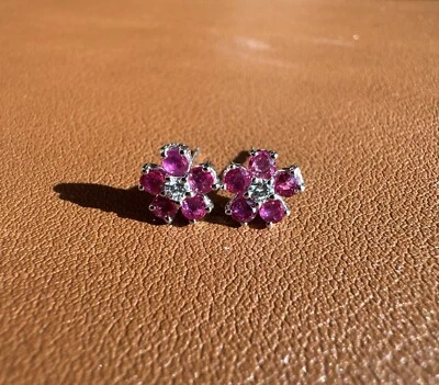 Estate Petite Elegant White Gold Ruby & Diamond Flower Cluster Stud Earrings - Image 1 of 4