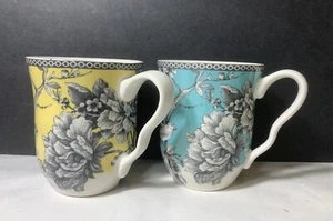 222 Fifth ADELAIDE YELLOW WHITE BLUE BONE CHINA BIRD FLORAL TOILE COFFEE MUG CUP - Picture 1 of 7