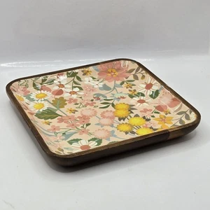 Creative Co-Op Yellow W White Acacia Flowers Decorative Enameled Wood Tray 6.25" - Picture 1 of 13