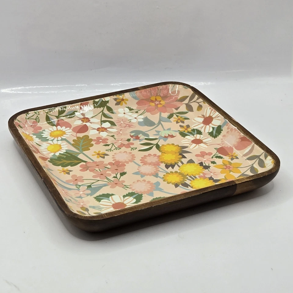 Creative Co-Op Yellow W White Acacia Flowers Decorative Enameled Wood Tray 6.25" - Image 1 of 4