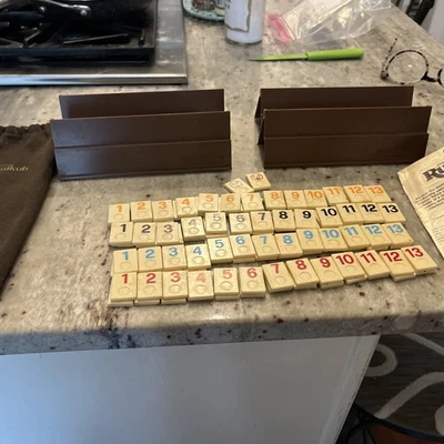 Miniature Rummikub By Pressman Tile Game 106 Tiles & 4 Trays & Cloth Bag. - Image 1 of 4