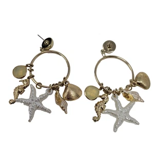 Sea Shell Clam Seahorse Starfish Ocean Charms Gold Tone Hoop Earrings - Picture 1 of 7