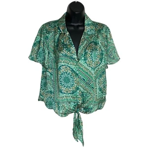 NWOT Eclair Satin Blouse Womens M Tie Front Boho Hippie S/S Button Mosaic Boxy - Picture 1 of 11