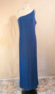 Vintage 90s Trippy Slip Dress M Blue Glitter Swirl Gown Rave Maxi One Shoulder - Picture 1 of 15