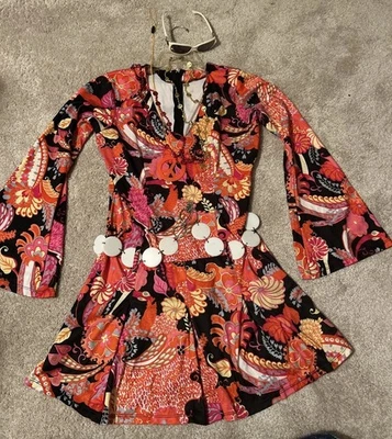 Leg Avenue Hippie Chick Boho Psicodélico Paisley Mini Vestido Disfraz M Cinturón + Foto 1 de 4