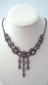 VINTAGE ~ Gun Metal gelb Strass Anhänger Fransen Halsreif Halskette - Bild 1 von 11