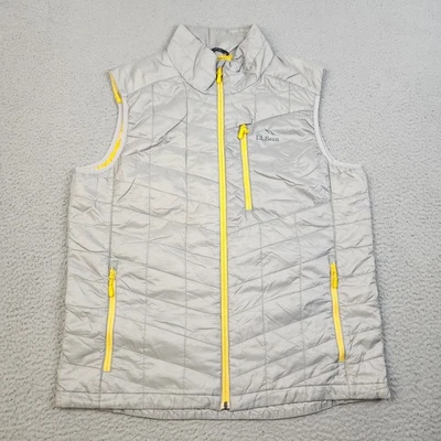 LL Bean Vest Mens Medium Gray Yellow PrimaLoft Packable Puffer Outdoors Hiking - Image 1 of 4