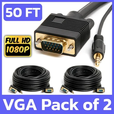 2 Pack 50FT Long VGA Monitor Cord + 3.5mm SVGA Video with AUX Stereo Audio Cable - Image 1 of 4