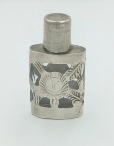 Vintage .925 Sterling Silver Glass Taxco Mexico Floral Overlay Perfume Bottle - Picture 1 of 9