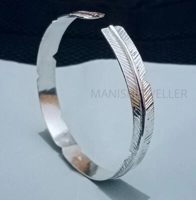 925 Sterling Silver Cuff Bracelets Feather Adjustable Mens Bracelets Women Bangl - Image 1 of 4