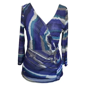 Coast Blue Mesh Wickeltop UK 14 abstrakter Druck V-Ausschnitt transparent Langarm Stretch - Bild 1 von 8