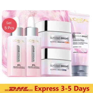 5x Set L'Oreal Glycolic Brightening Glowing Serum Day Night Cream Cleanser Foam - Picture 1 of 24