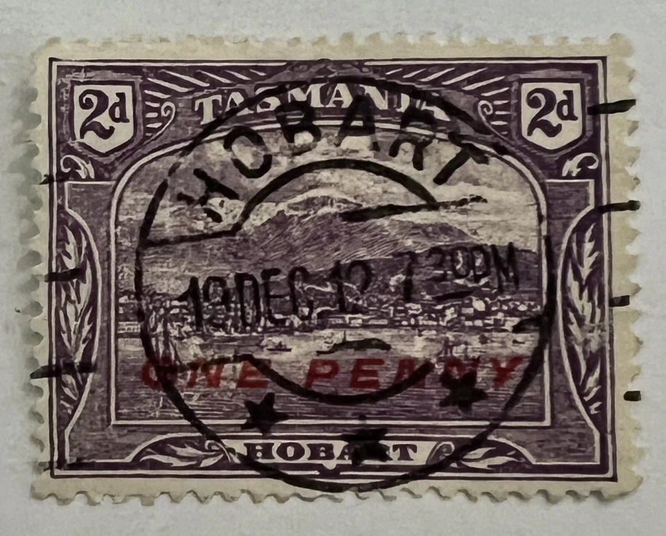 SELLO DE SOBREIMPRESIÓN DE UN CENTAVO DE TASMANIA 1912 CON HOBART SON SOTN CANCELAR Foto 1 de 3