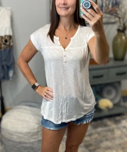 Sheer Top Womens Large White Burnout V Neck Henley V Neck Short Tab Sleeve - Picture 1 of 11