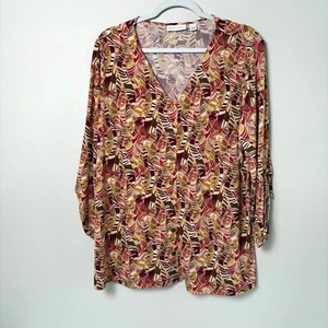 Susan Graver Liquid Knit Tab Sleeve Top Size XL Orange Gold Brown Print V Neck - Picture 1 of 11