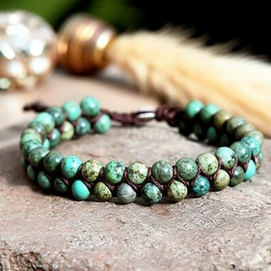 African Turquoise Round Bead Handmade Braided Healing Women Men Bracelet Gift - Picture 1 of 5