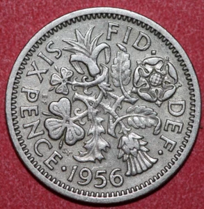 Great Britain 1956 6 Pence, Leek Rose Thistle and Shamrock-Foreign Coin 19.5mm - Picture 1 of 2