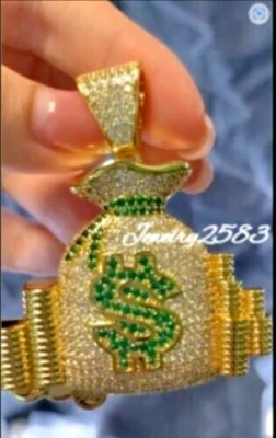 Colgante de plata 925 con bolsa de dinero de dólar hecha a medida de diamante simulado verde de 1 quilate para hombre Foto 1 de 4