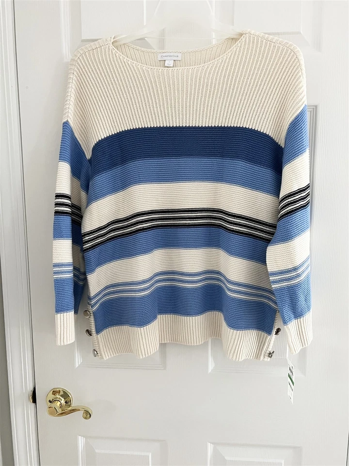 Charter Club Size Large Striped Sweater Admiral Navy R15f1
