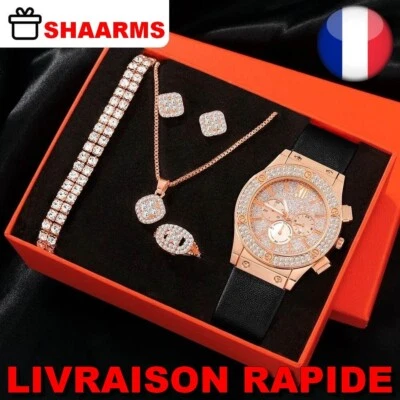 Montre Bracelet Rose Collier Bague Boucle d'oreilles Bijoux Femme Strass Cadeau - Photo 1/3