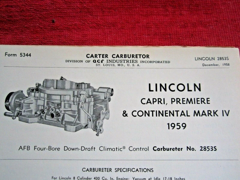 Lincoln Capri 1959 Premiere Continental Mark 4 carburador hoja de información de especificaciones Foto 1 de 1