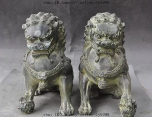 8" chinese bronze fengshui Ward off evil foo dog lion Guardian beast statue pair - Picture 1 of 11