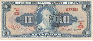 Brazil Banknote 1 Cruzeiro Novo C120 / P-187a -1966- Serial 3844 N027595 - Picture 1 of 2
