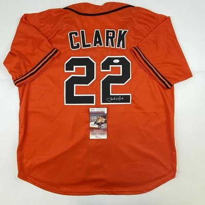 Camiseta deportiva de béisbol naranja autografiada/firmada de Jack Clark San Francisco certificado de autenticidad JSA automática Foto 1 de 4