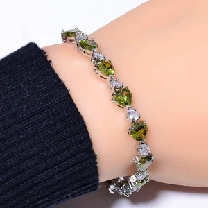 Heart - Peridot & Cubic Zirconia 925 Sterling Silver Tennis Bracelet 7.99" B5738 - Picture 1 of 5