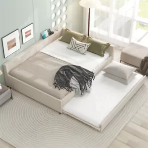 Full Queen Size Upholstered Platform Bed with USB and Twin Size Trundle, Beige - Picture 1 of 28