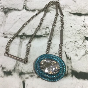 Pendant Statement Necklace Teal Oval Large Rhinestone Silver Toned Chain - Picture 1 of 5