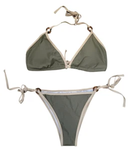 YONIQUE 2-Piece Bikini Set Green & Beige Trim Adjustable Ties Size Large NWT - Picture 1 of 5